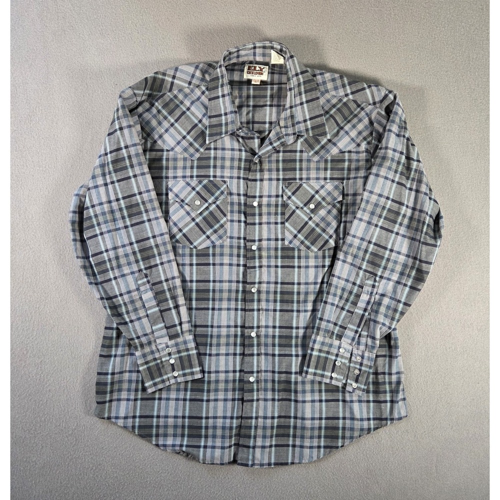 Ely Cattleman Shirt Mens XL Gray Plaid Western Pearl Snap Cowboy Rodea